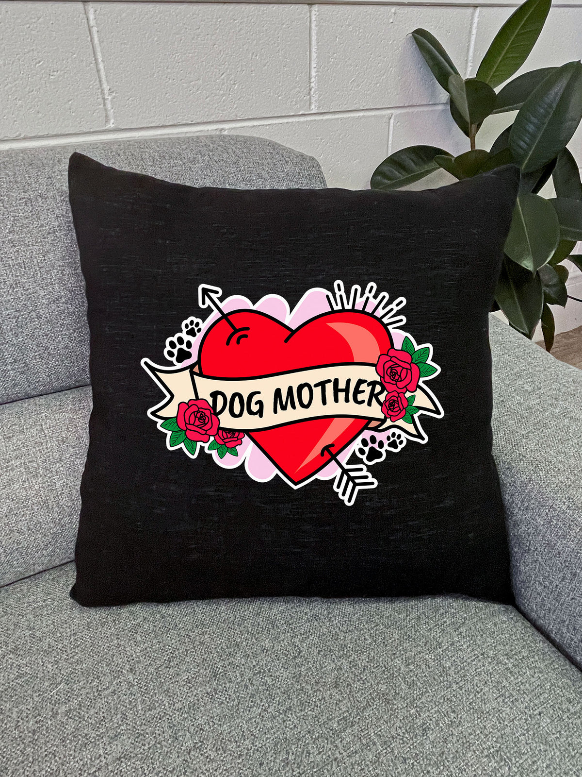 Dog Mother Heart Tattoo Linen Cushion Cover