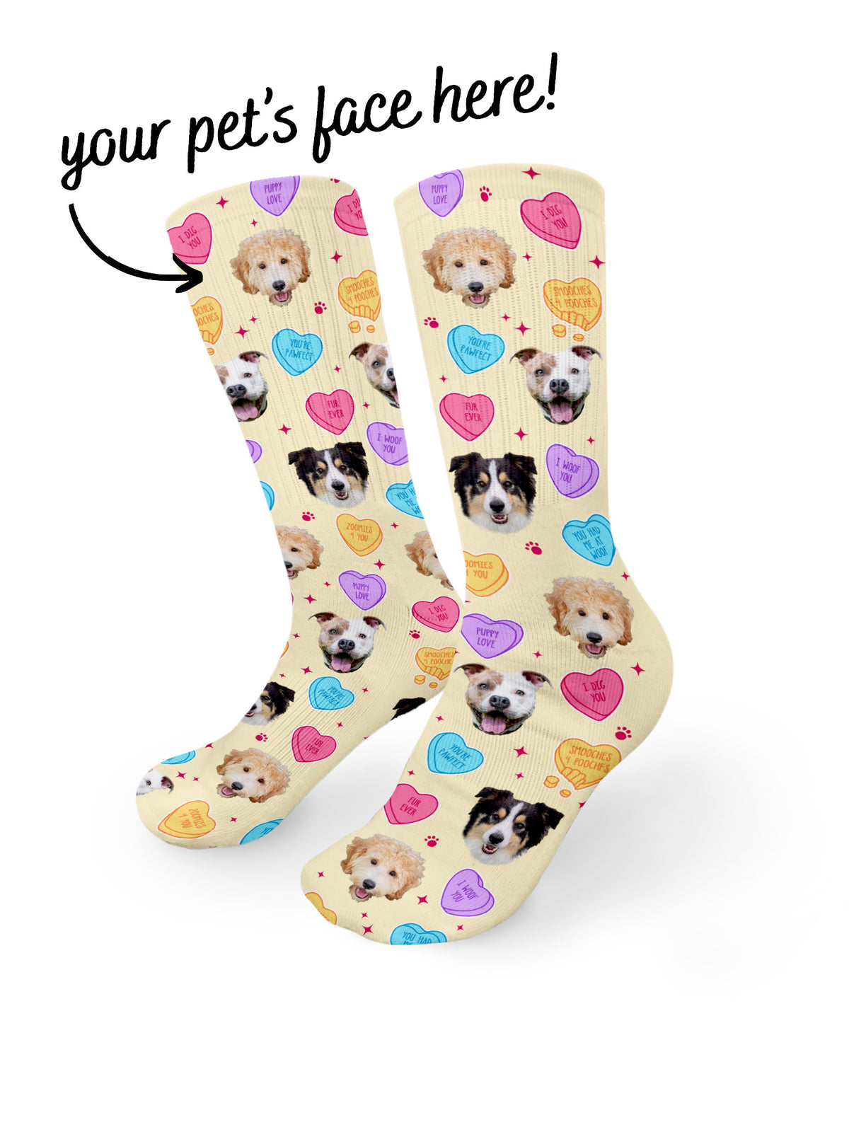 Custom Candy Hearts Pet Face Crew Socks