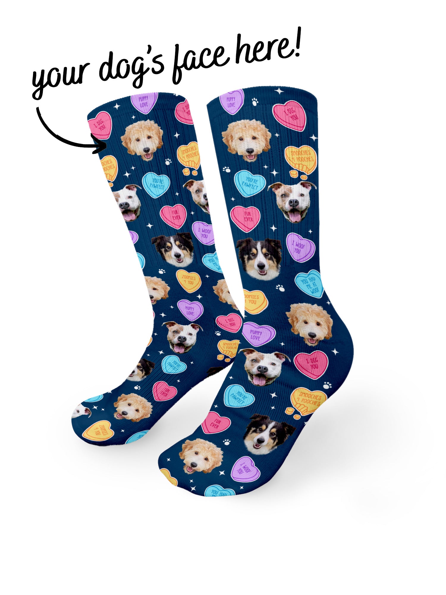 Custom Candy Hearts Pet Face Crew Socks