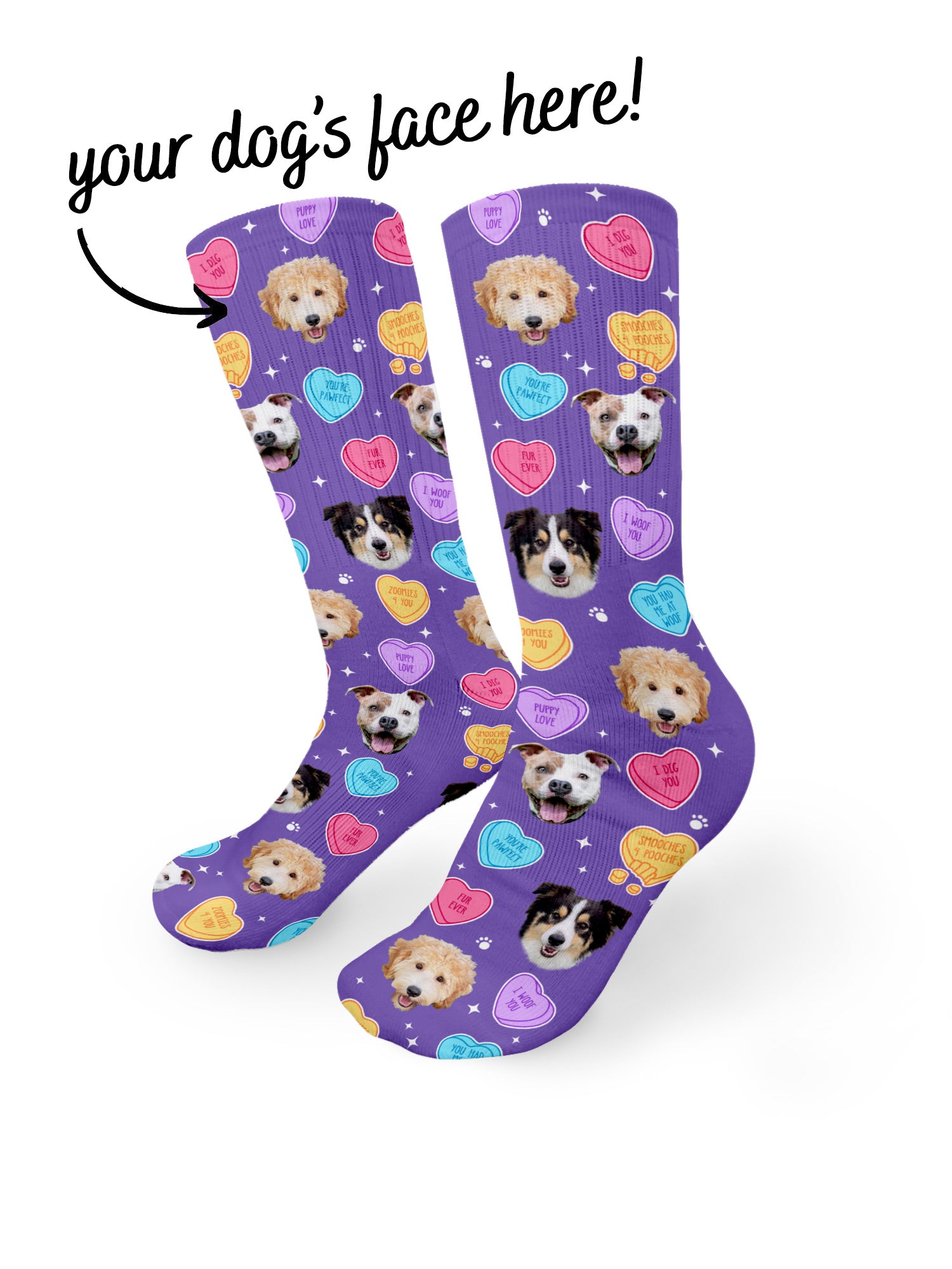 Custom Candy Hearts Pet Face Crew Socks