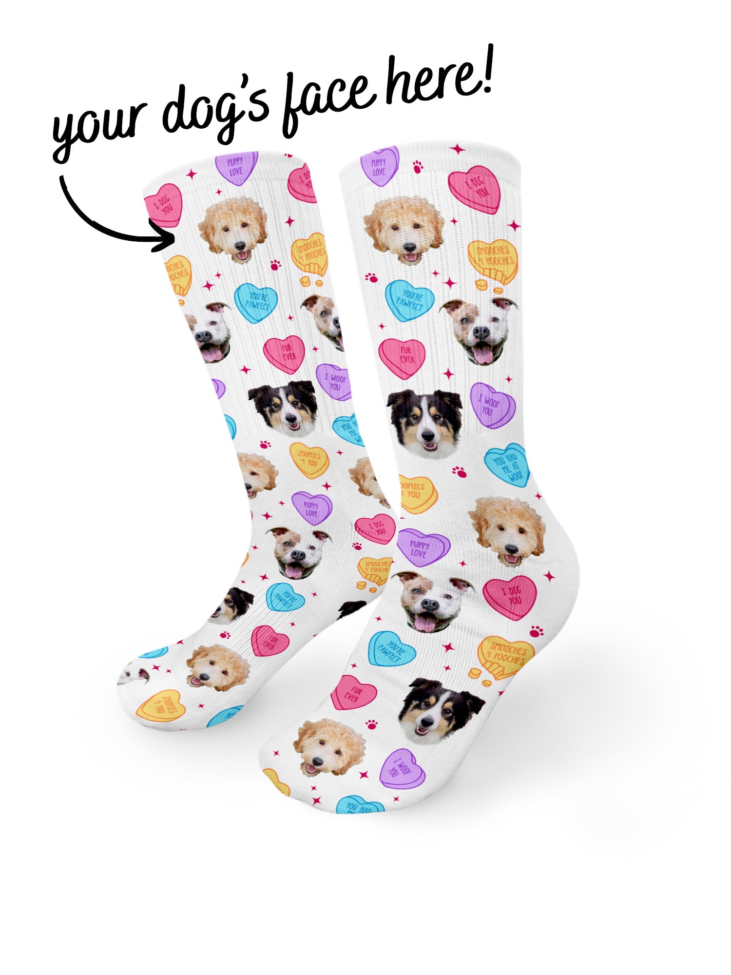 Custom Candy Hearts Pet Face Crew Socks