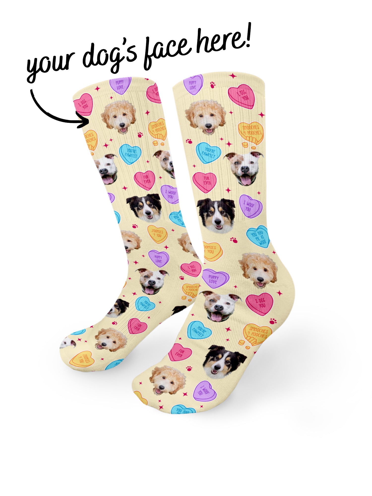 Custom Candy Hearts Pet Face Crew Socks