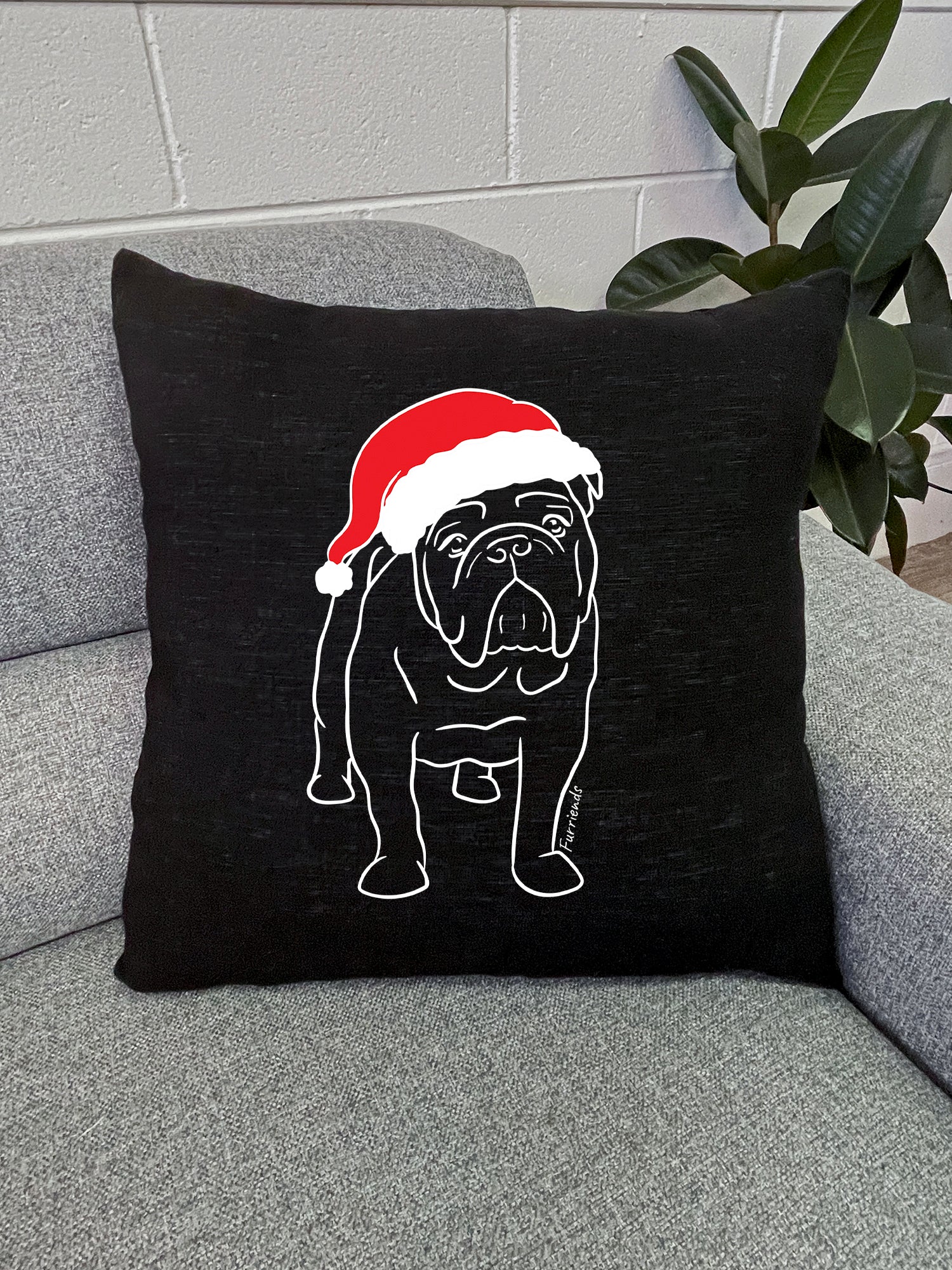 British Bulldog Christmas Edition Linen Cushion Cover