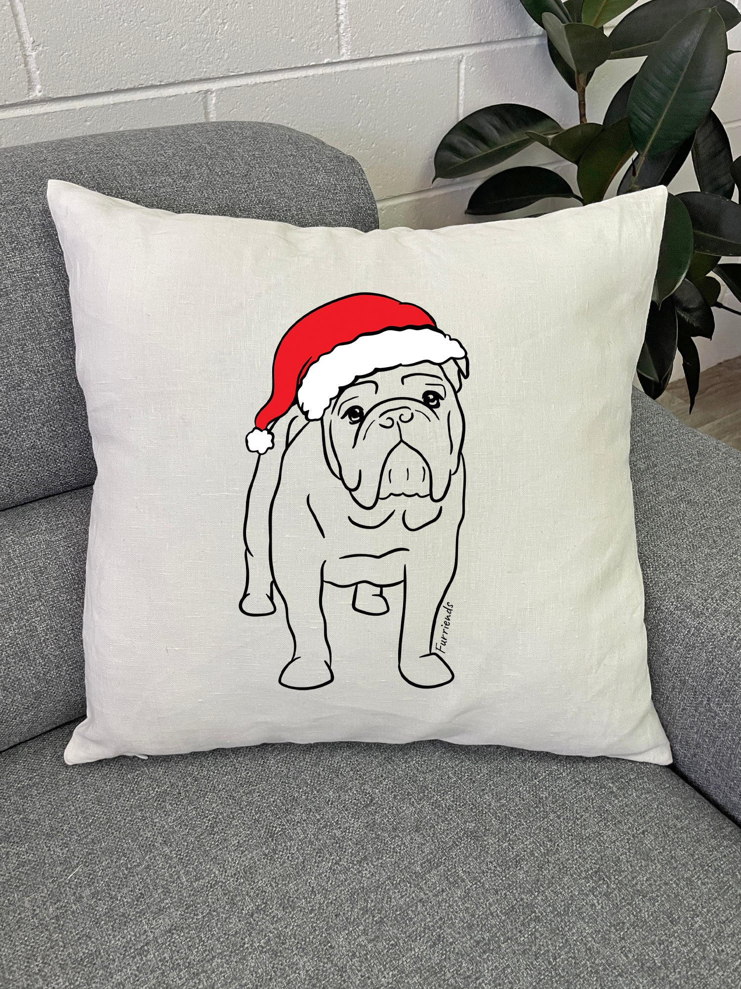 British Bulldog Christmas Edition Linen Cushion Cover