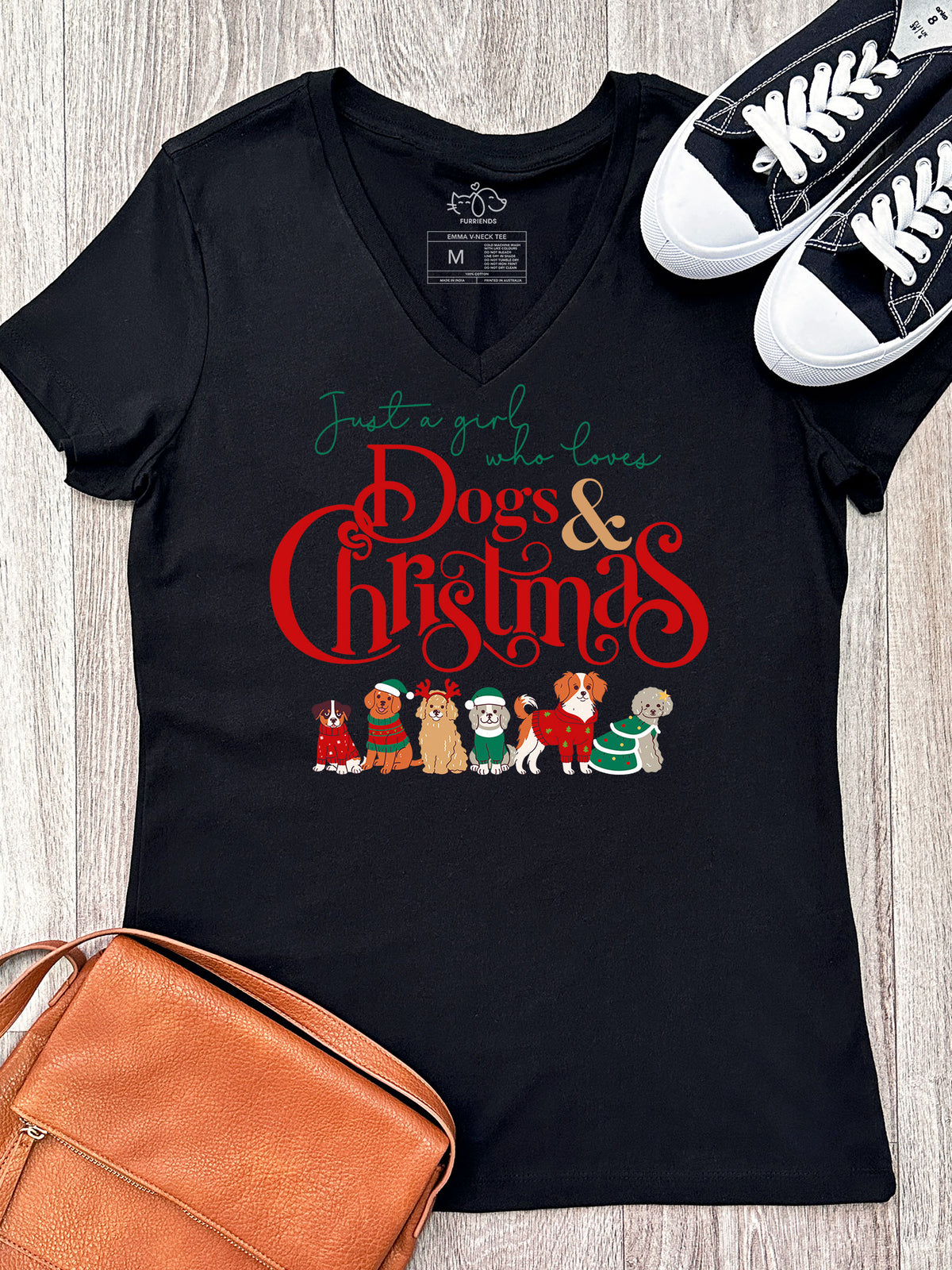 Just A Girl Who Loves Dogs &amp; Christmas Emma V-Neck Tee