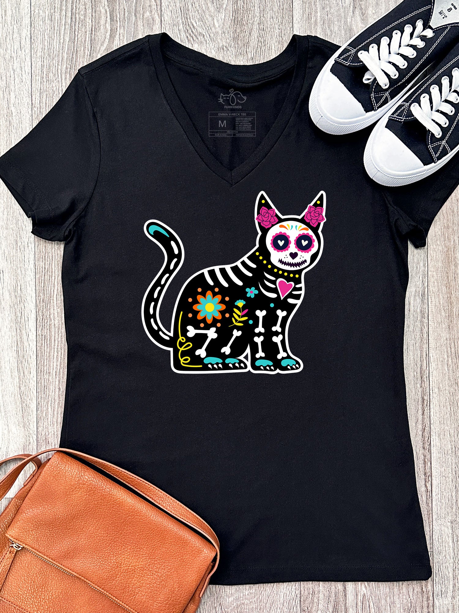 Sugar Skull Cat Emma V-Neck Tee