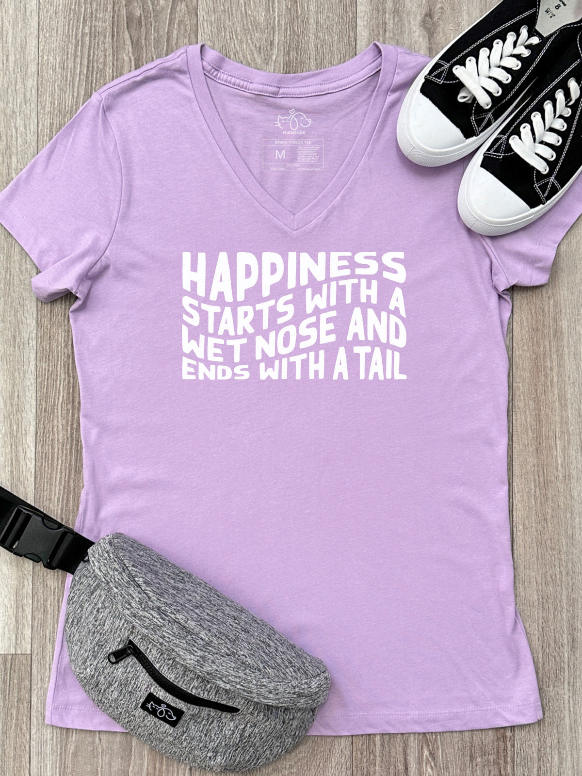 Happiness Starts With A Wet Nose And Ends With A Tail Emma V-Neck Tee