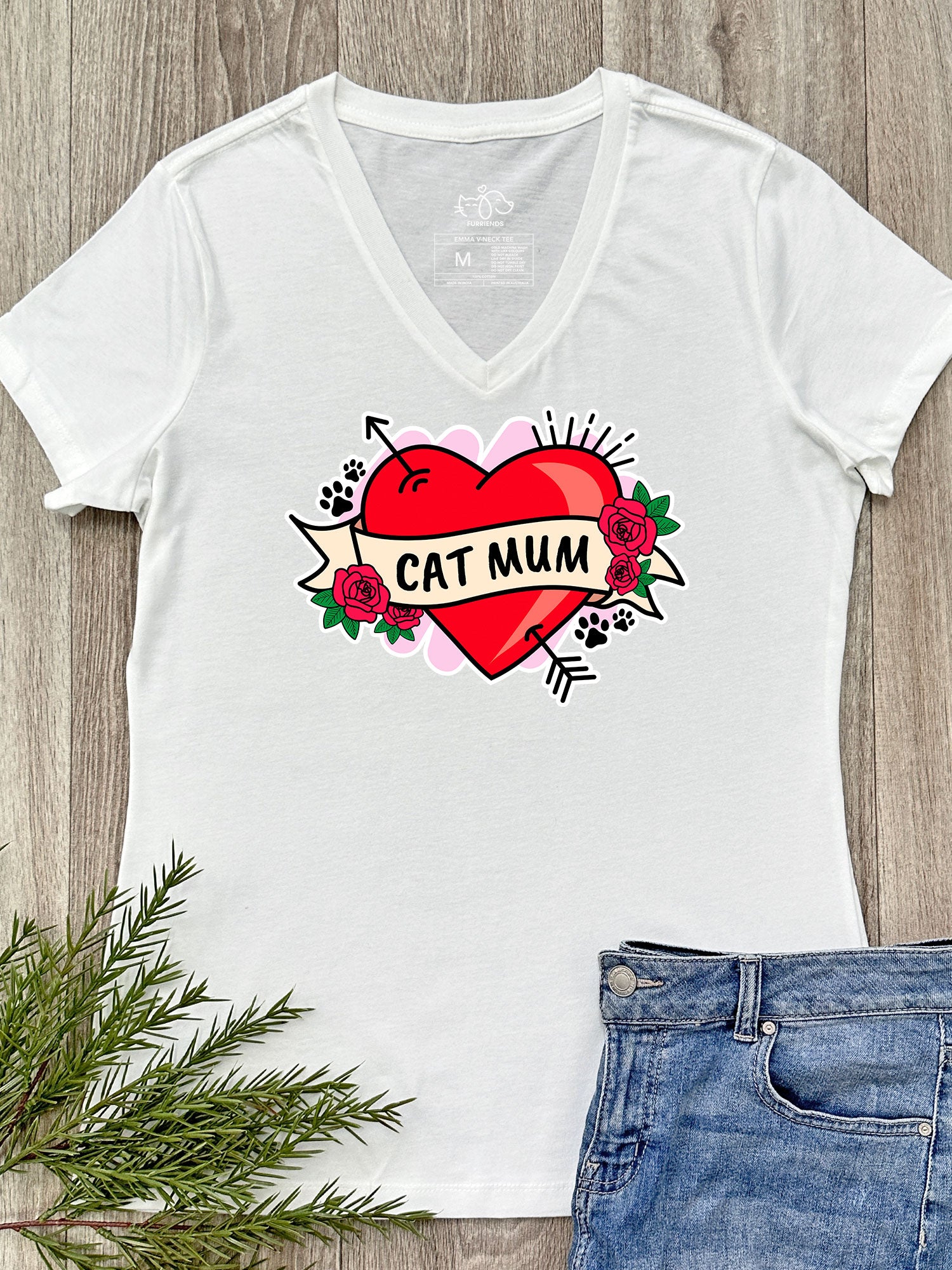 Cat Mum Heart Tattoo Emma V-Neck Tee