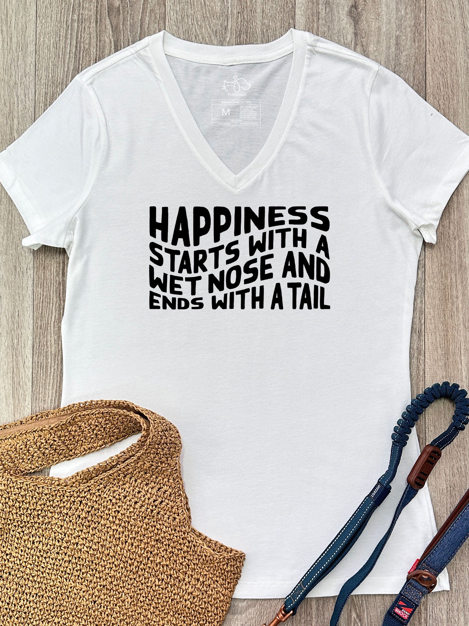 Happiness Starts With A Wet Nose And Ends With A Tail Emma V-Neck Tee