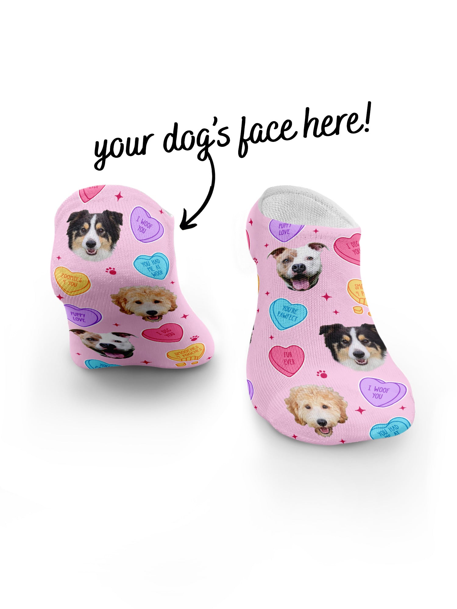 Custom Candy Hearts Pet Face No-Show Socks