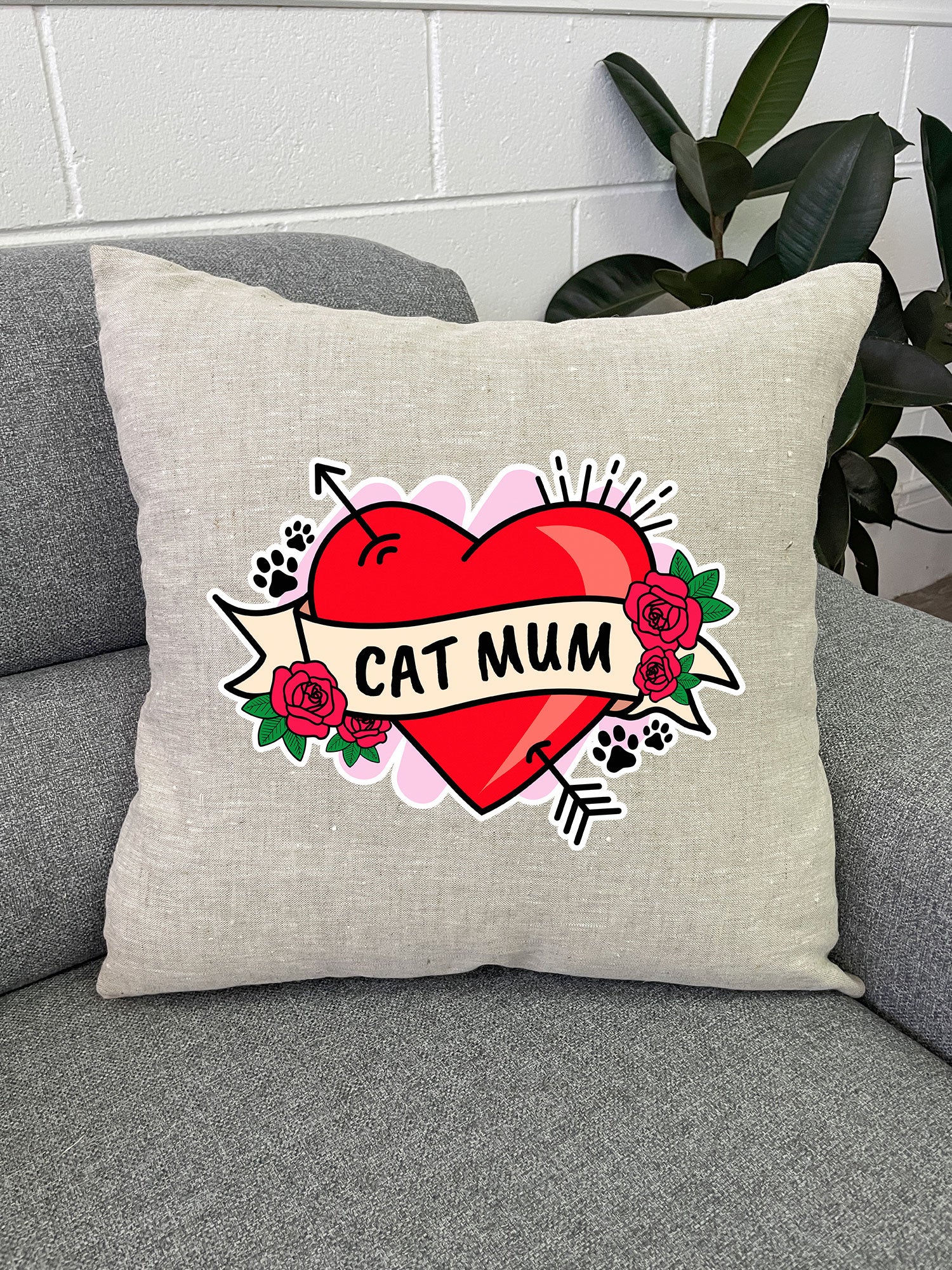 Cat Mum Heart Tattoo Linen Cushion Cover