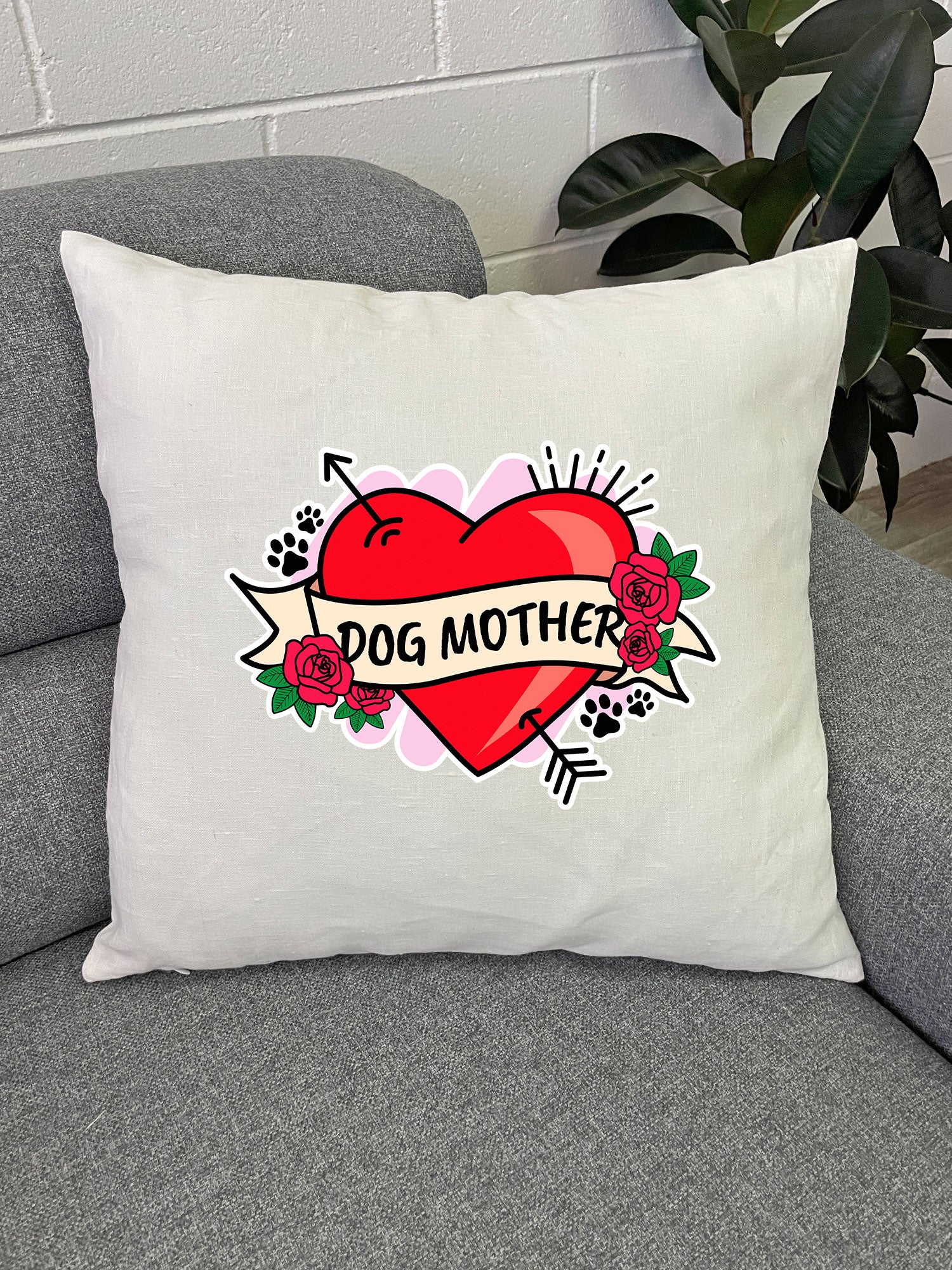 Dog Mother Heart Tattoo Linen Cushion Cover