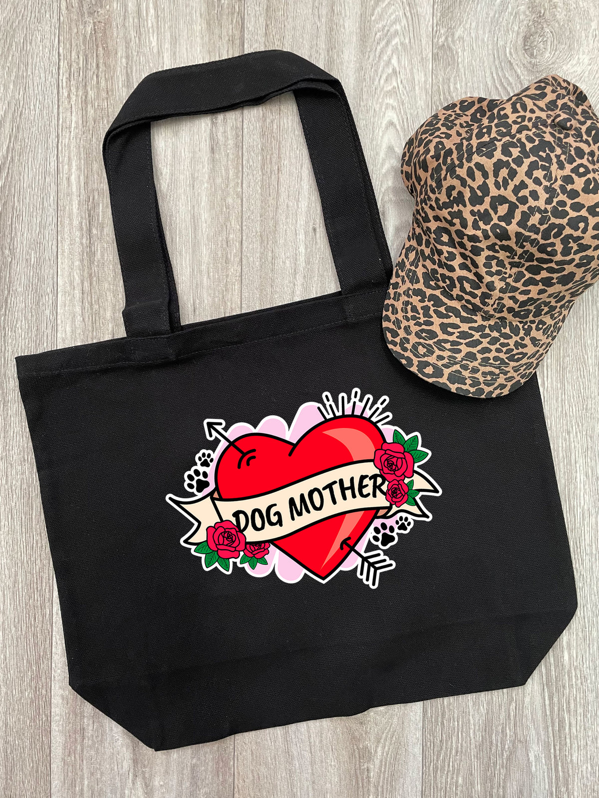 Dog Mother Heart Tattoo Cotton Canvas Shoulder Tote Bag