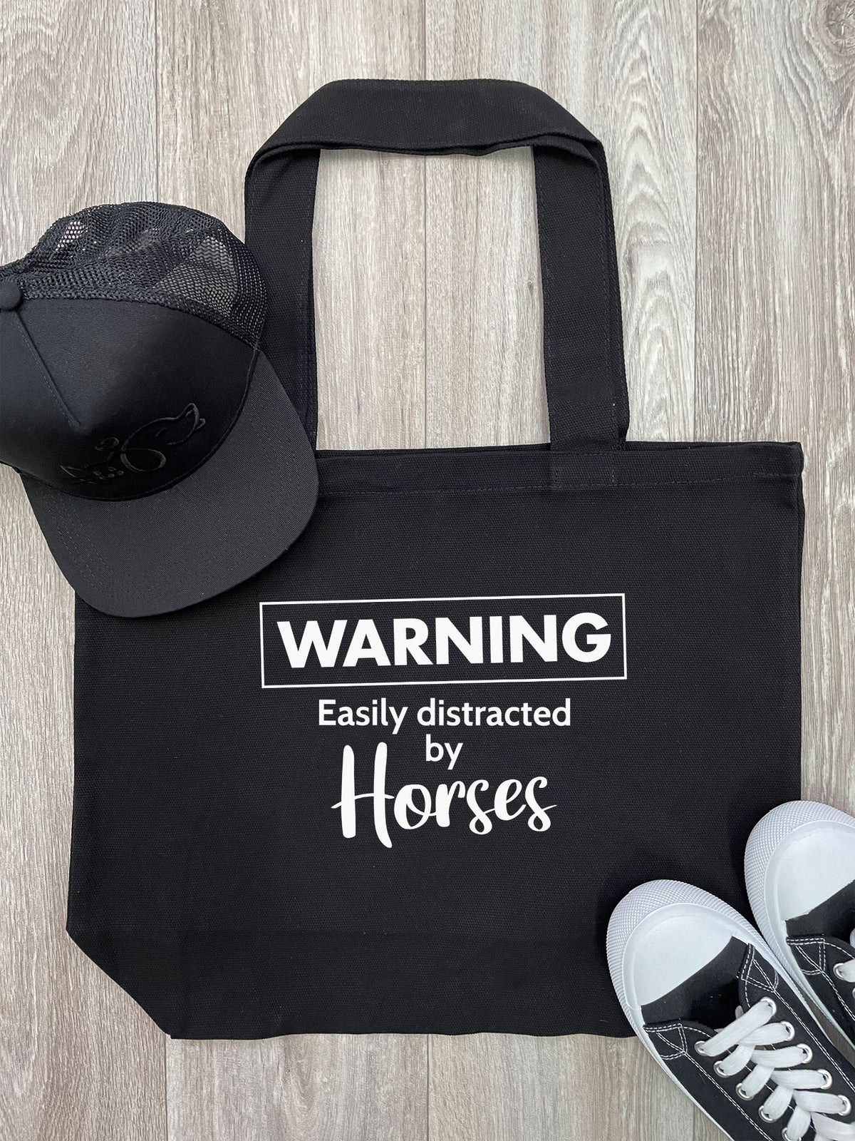 Warning. Easily Distracted By Horses Cotton Canvas Shoulder Tote Bag