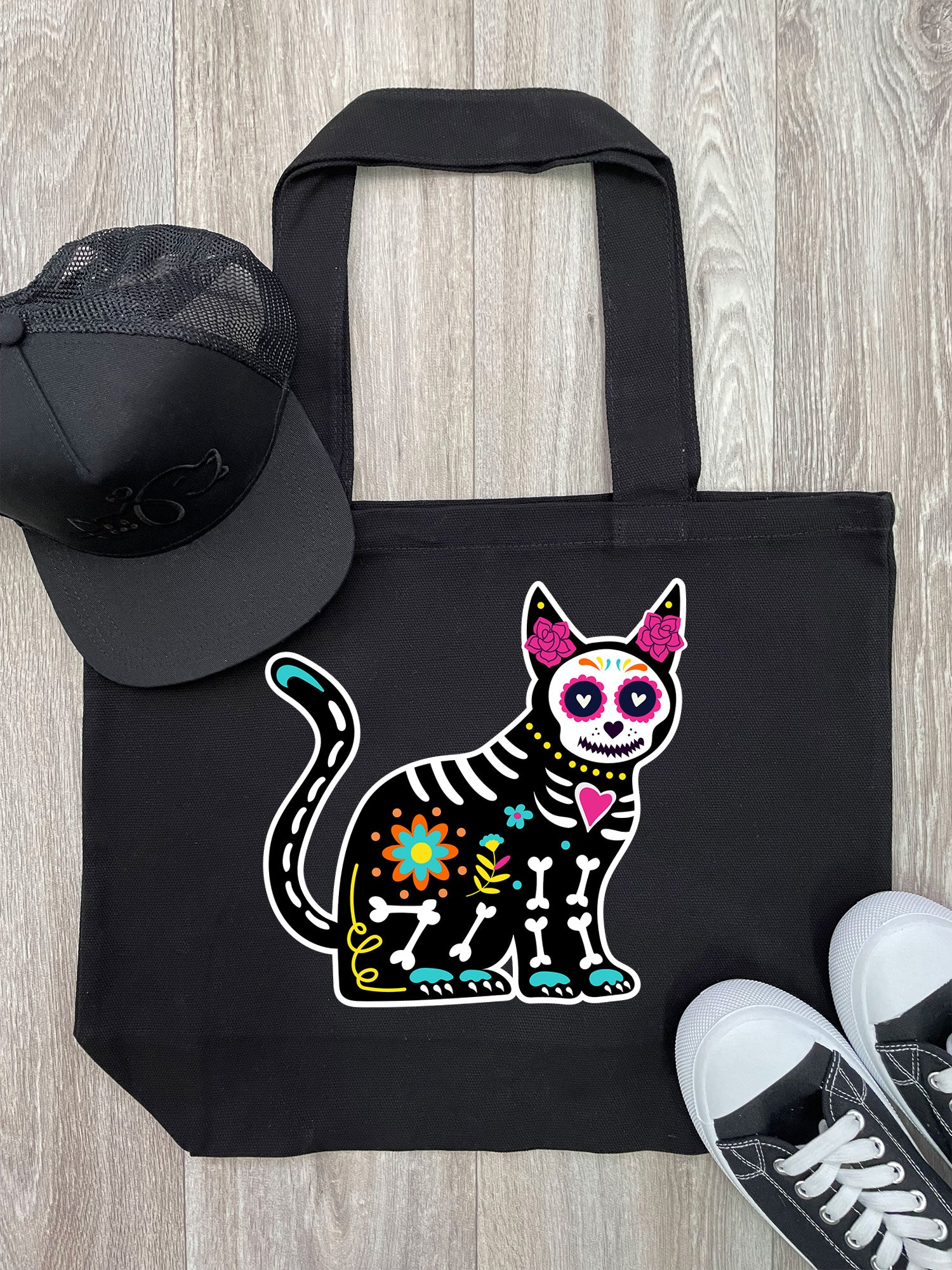 Sugar Skull Cat Cotton Canvas Shoulder Tote Bag