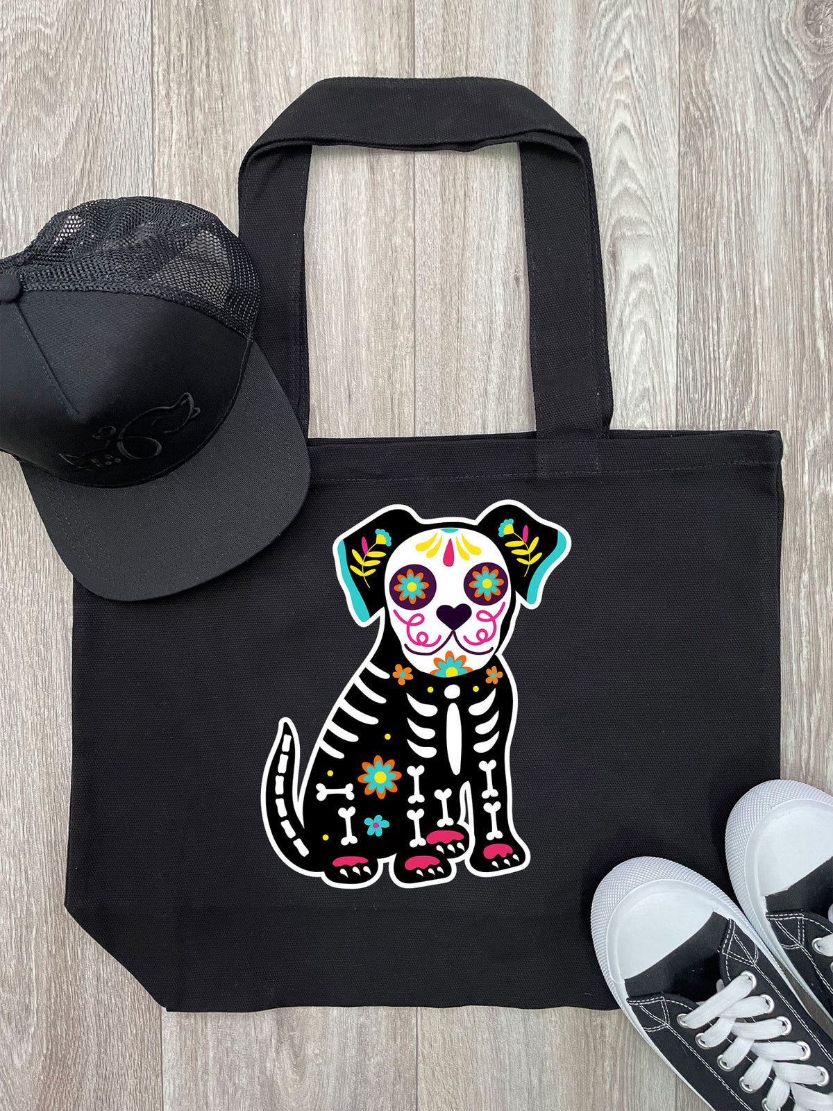 Sugar Skull Dog Cotton Canvas Shoulder Tote Bag