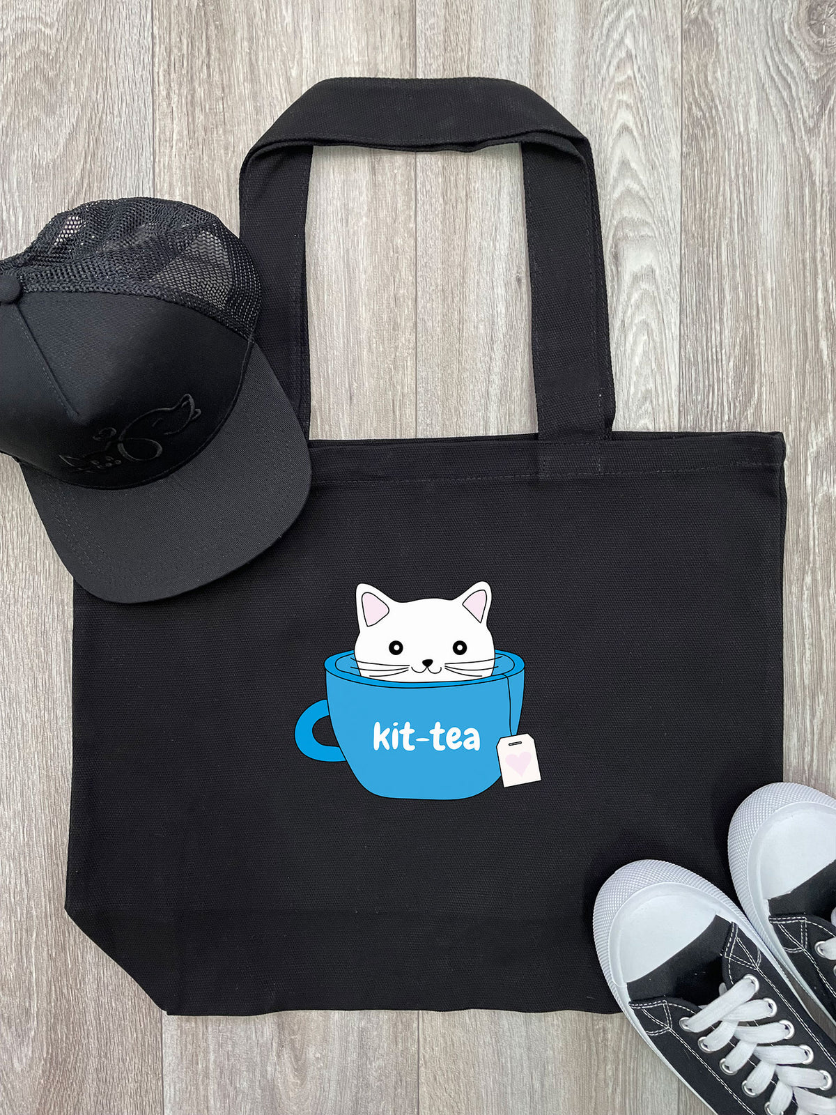 Kit-Tea Cat Cotton Canvas Shoulder Tote Bag