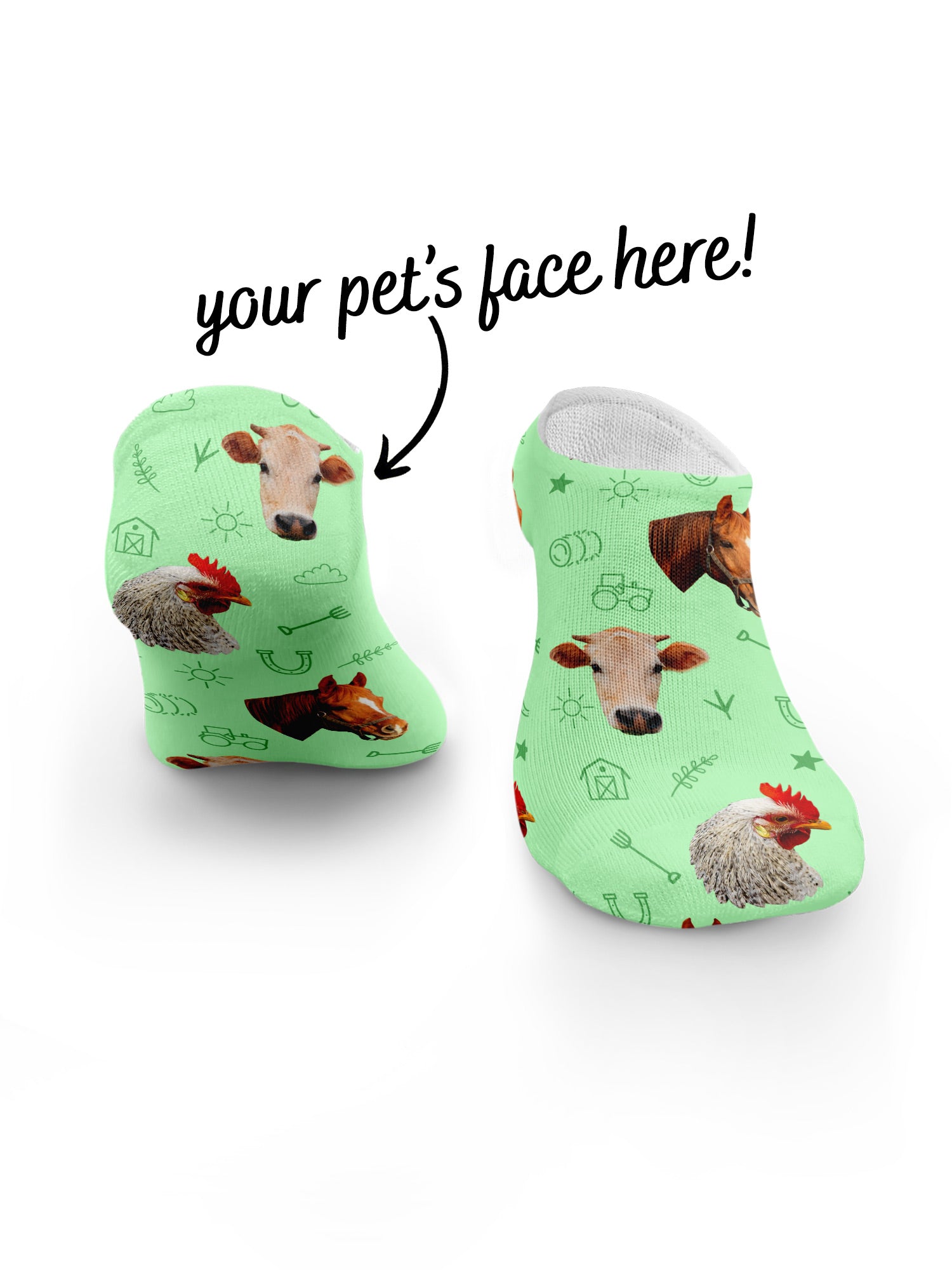 Custom Farm Animal Face No-Show Socks