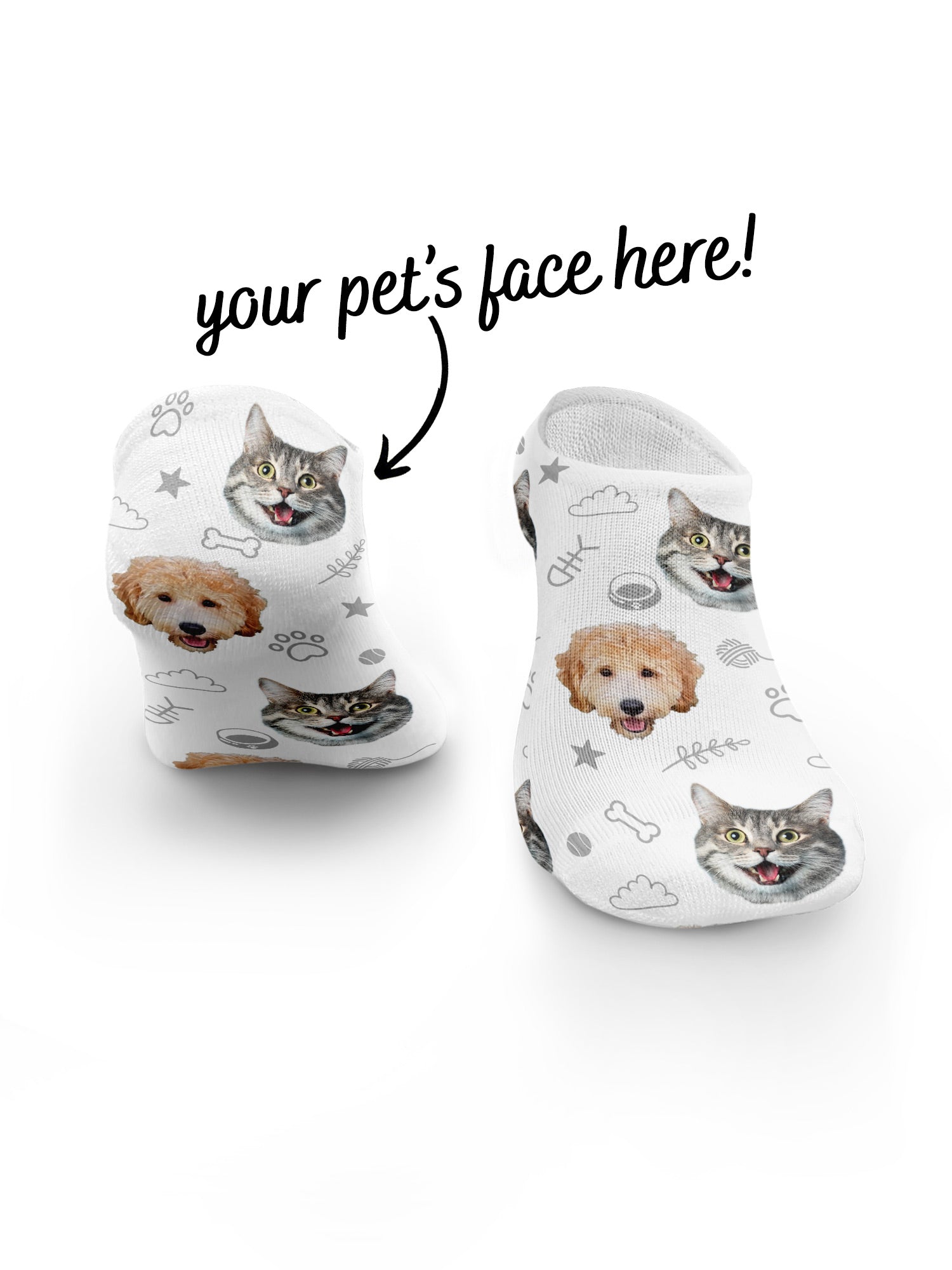 Custom Mixed Dog & Cat Face No-Show Socks