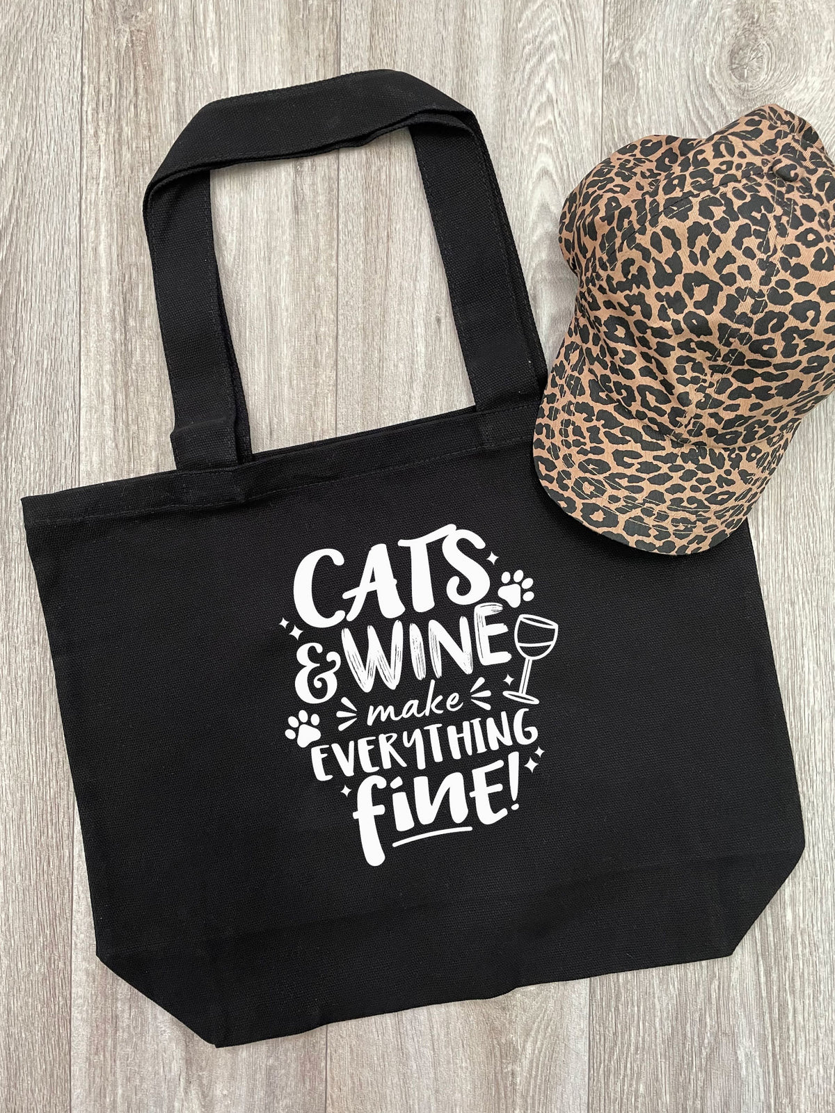 Cats &amp; Wine Make Everything Fine Cotton Canvas Shoulder Tote Bag