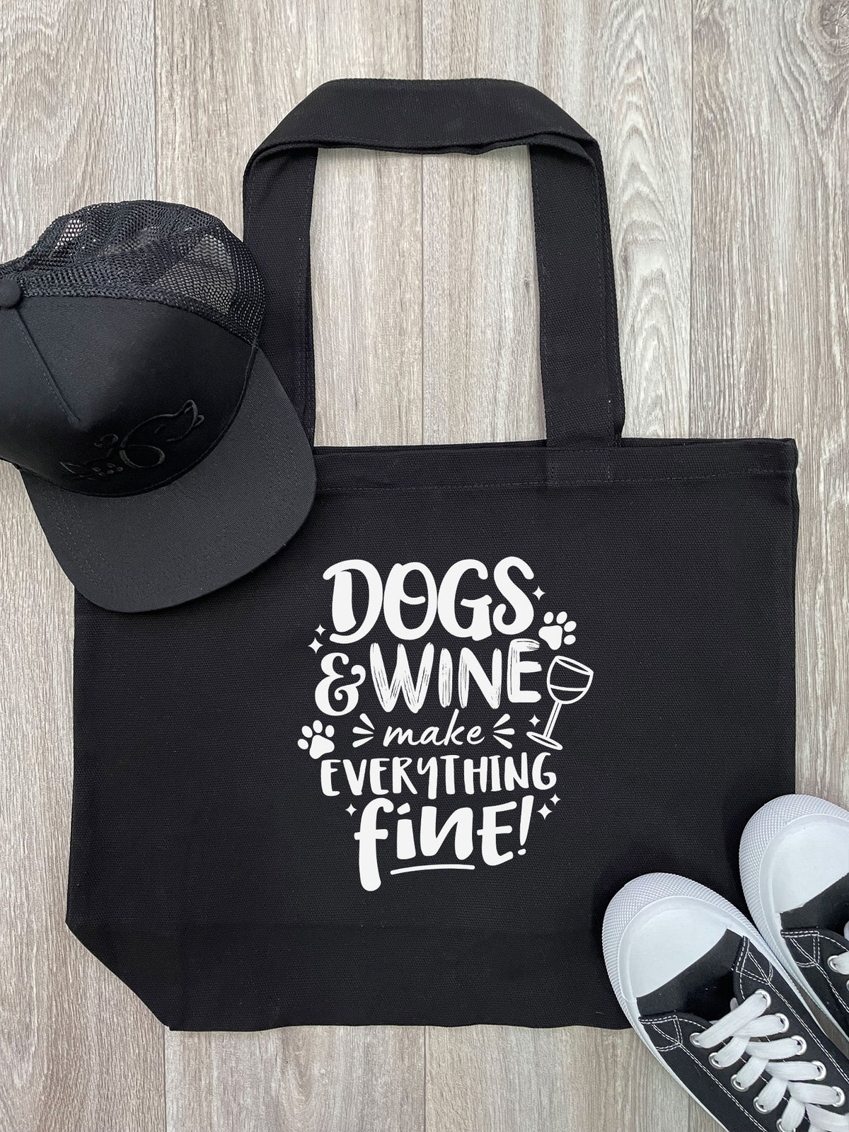 Dogs &amp; Wine Make Everything Fine Cotton Canvas Shoulder Tote Bag