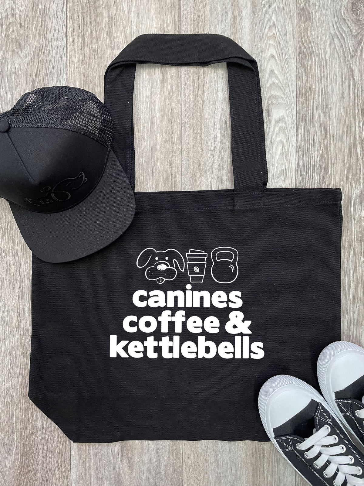 Canines, Coffee &amp; Kettlebells Cotton Canvas Shoulder Tote Bag