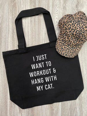 Workout & Hang With My Cat Cotton Canvas Shoulder Tote Bag